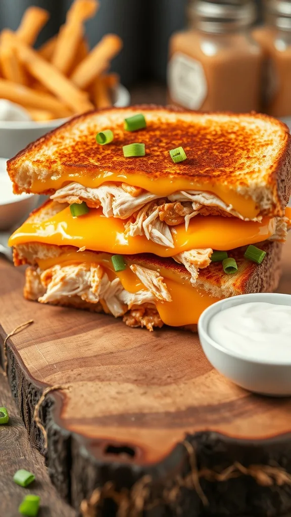 A golden grilled cheese sandwich filled with buffalo chicken and melted cheese, served with ranch dressing.