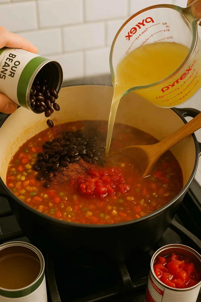 Add Beans, Broth, and Tomatoes