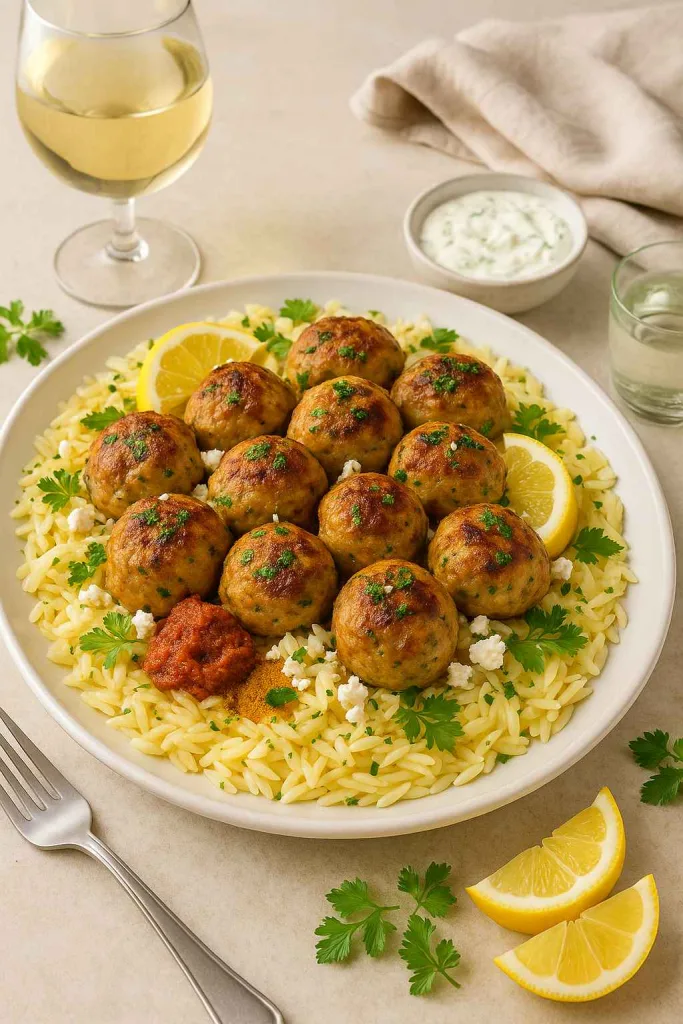 Greek Chicken Meatballs with Zesty Lemon Orzo