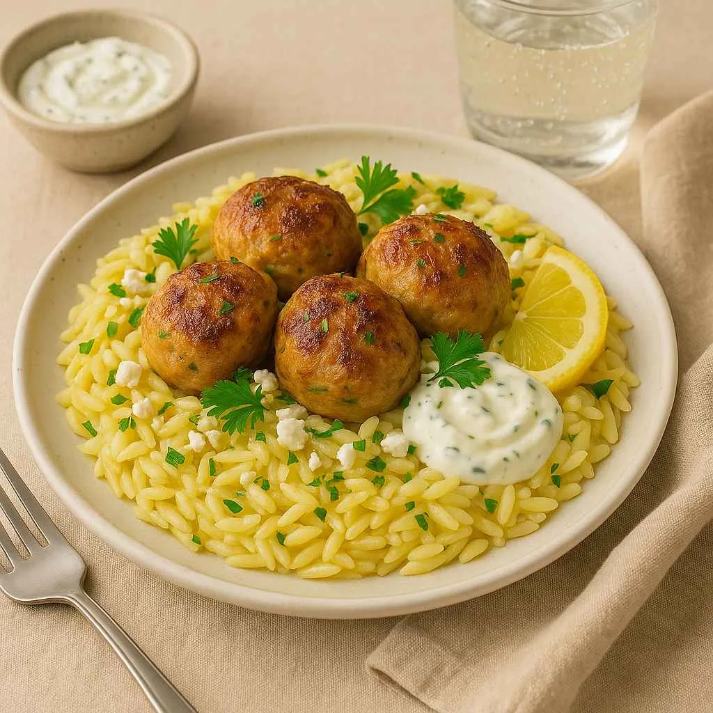 Serving Greek Chicken Meatballs with Zesty Lemon Orzo