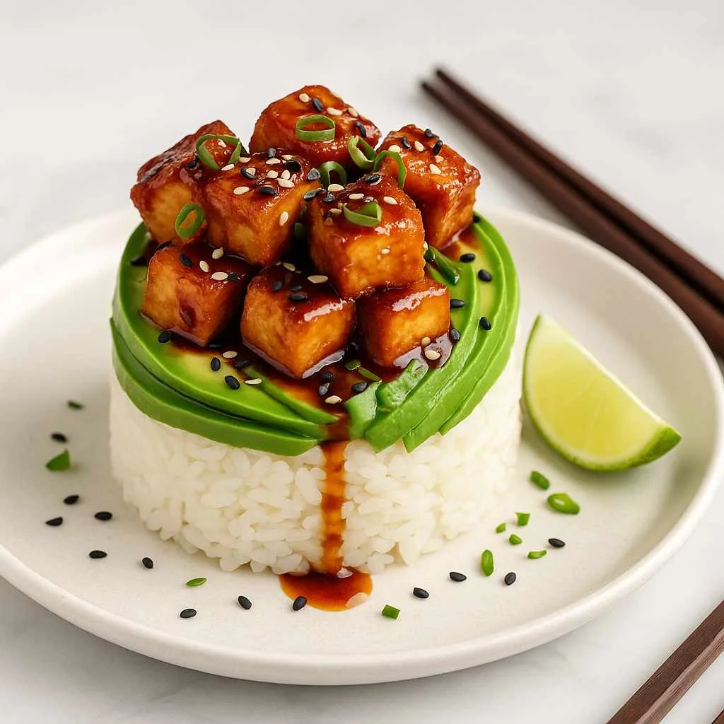 Teriyaki Tofu and Avocado Rice Stack