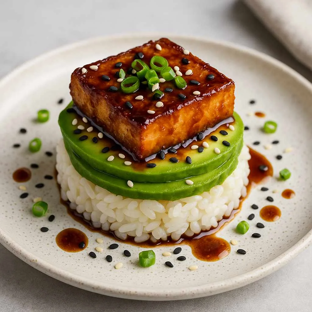 Teriyaki Tofu and Avocado Rice Stack Serving