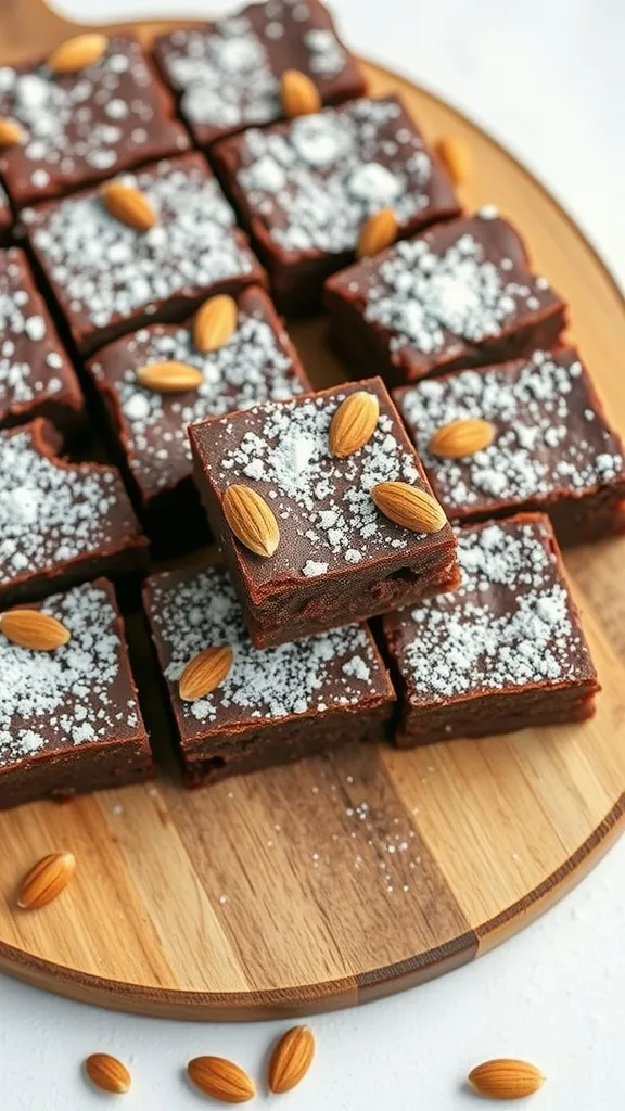 Delicious almond flour protein brownies topped with almonds and powdered sugar