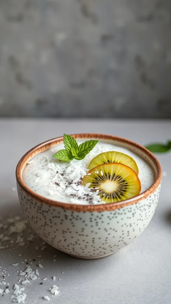 A bowl of coconut chia seed pudding topped with kiwi slices and mint leaves