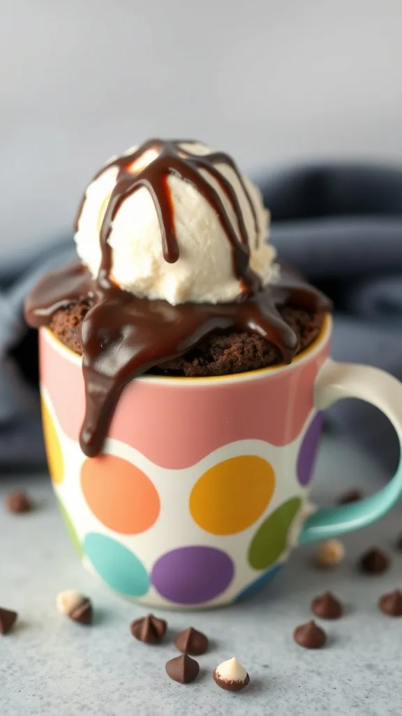 A colorful mug filled with a dark chocolate protein mug cake topped with ice cream and chocolate drizzle.