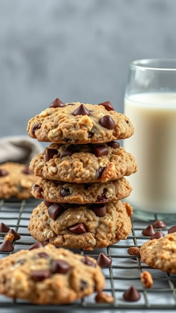 A stack of high-protein oatmeal cookies with chocolate chips, next to a glass of milk.