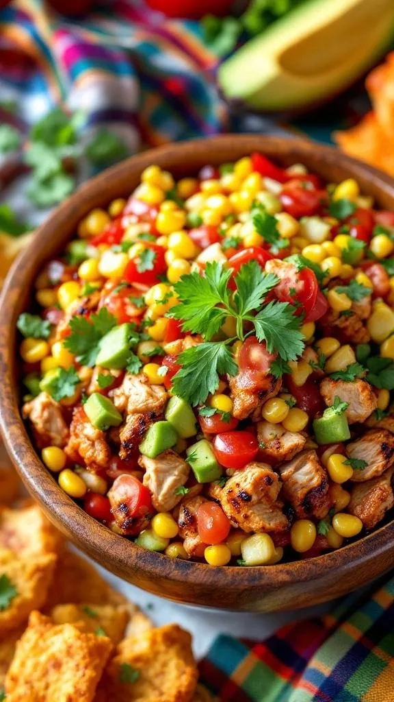 A colorful BBQ chicken and corn salsa bowl with diced chicken, corn, tomatoes, and peppers, garnished with cilantro.