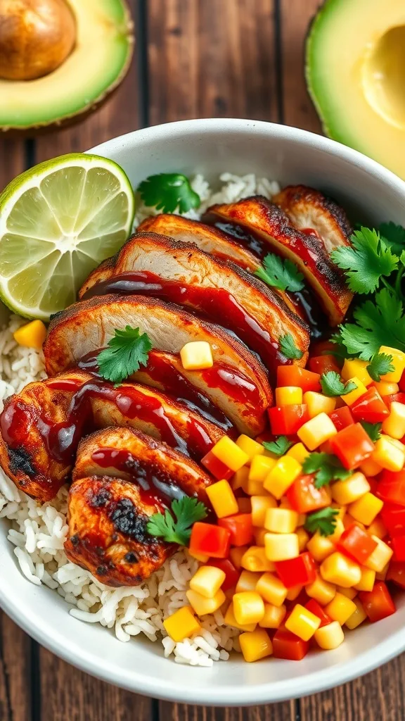 BBQ chicken and corn salsa bowl with grilled chicken, corn salsa, rice, and lime wedges.