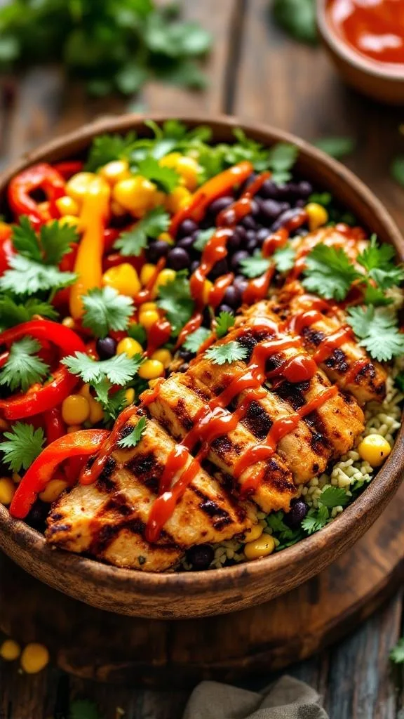 A colorful Spicy BBQ Chicken Burrito Bowl with grilled chicken, black beans, corn, bell peppers, and cilantro.
