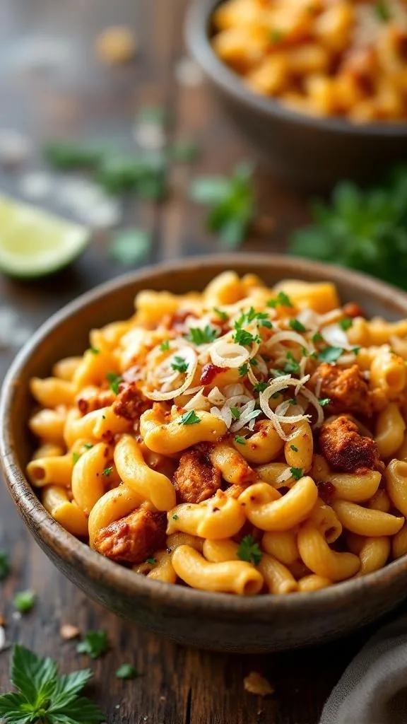 A bowl of BBQ chicken mac and cheese topped with herbs