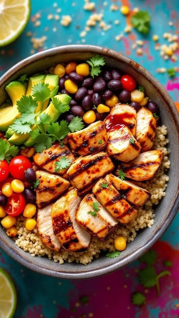 A colorful BBQ Chicken Southwest Grain Bowl with grilled chicken, black beans, corn, tomatoes, and avocado.