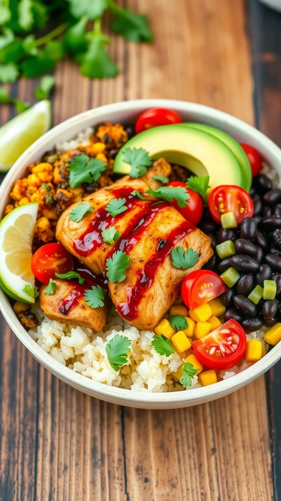 A Spicy BBQ Chicken Burrito Bowl with grilled chicken, rice, black beans, corn, avocado, and tomatoes, garnished with cilantro and lime.