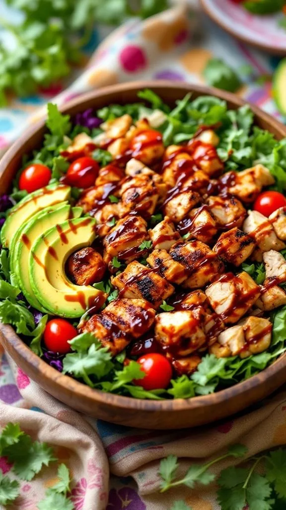 A colorful BBQ Chicken Power Greens Bowl with grilled chicken, avocado, cherry tomatoes, and mixed greens.