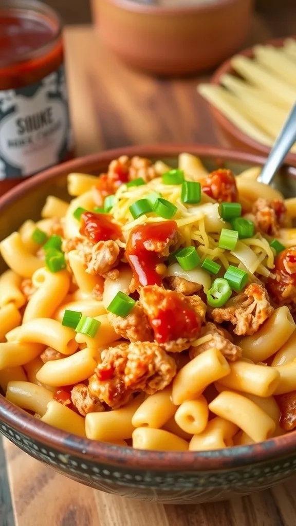 A bowl of BBQ Chicken Mac and Cheese with melted cheese and green onions, served in a rustic setting.