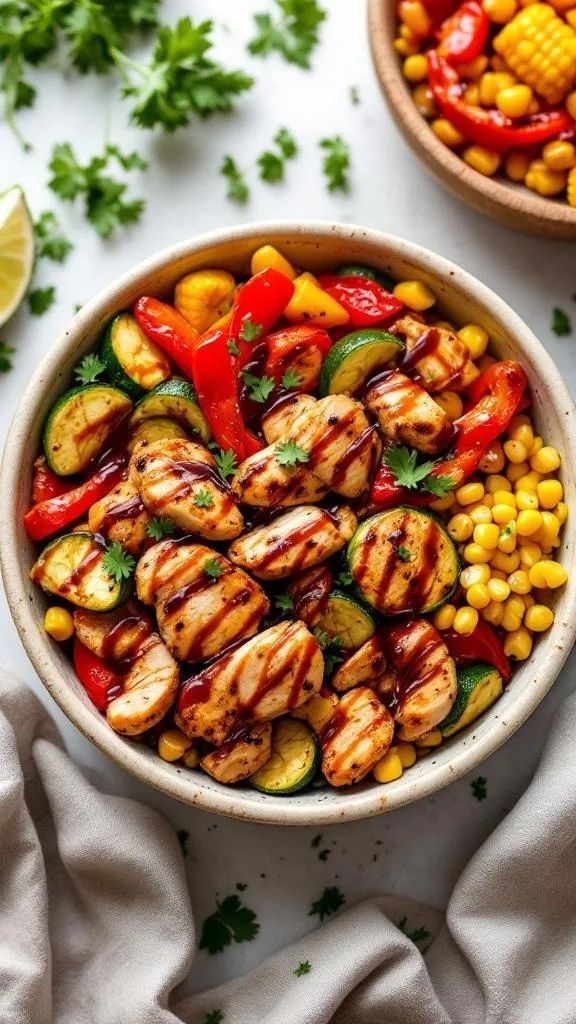 BBQ chicken and roasted veggie bowl with colorful vegetables and grilled chicken