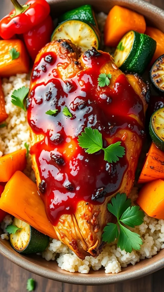 BBQ Chicken and Roasted Vegetable Bowl Recipe BBQ chicken and roasted vegetable bowl with colorful veggies and rice, garnished with parsley.
