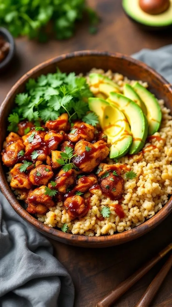 A delicious BBQ Chicken Cauliflower Rice Bowl with chicken, avocado, and cilantro.