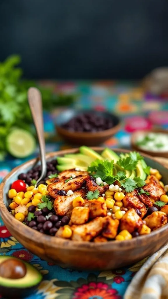 A colorful BBQ chicken and black bean bowl with corn, avocado, and cilantro on a vibrant tablecloth.
