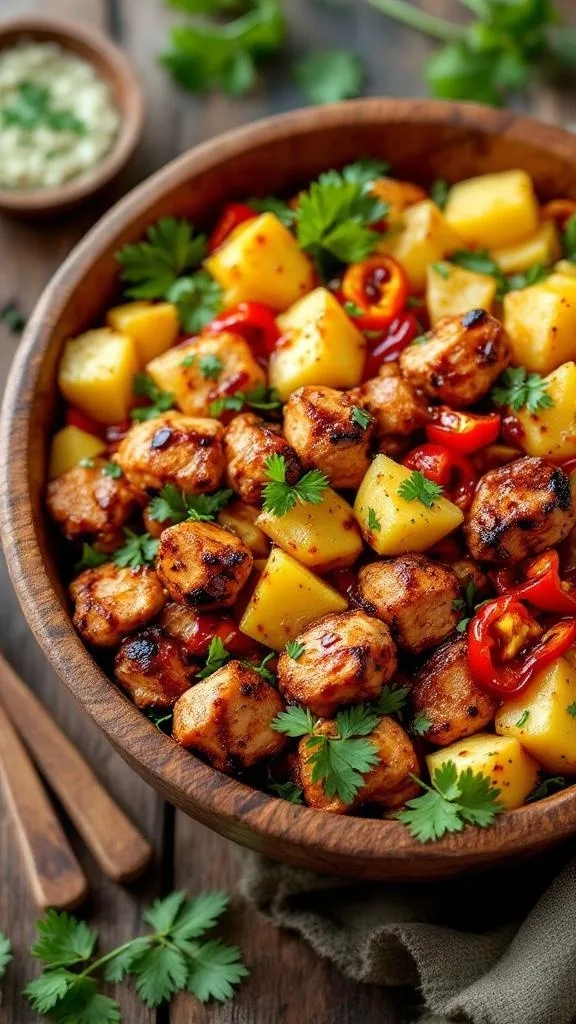A colorful BBQ Chicken and Pineapple Bowl with chicken, pineapple, and bell peppers garnished with cilantro.