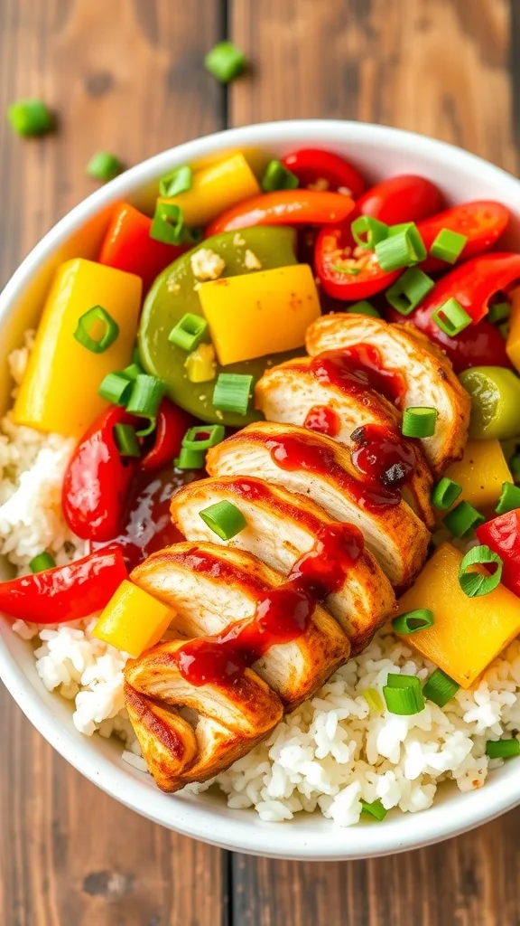 BBQ Chicken and Pineapple Rice Bowl A colorful BBQ Chicken and Pineapple Rice Bowl with grilled chicken, pineapple, bell peppers, and rice, garnished with green onions.