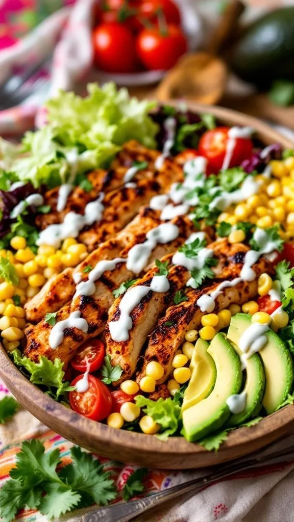 BBQ Chicken Ranch Bowl with grilled chicken, corn, lettuce, tomatoes, avocado, and ranch dressing