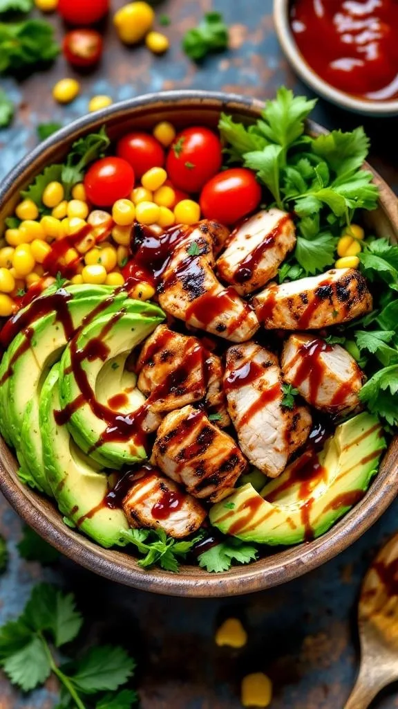 A colorful BBQ chicken and avocado bowl with grilled chicken, sliced avocado, cherry tomatoes, corn, and BBQ sauce.