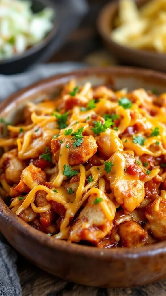 A delicious BBQ Chicken and Cheddar Potato Bowl with shredded chicken, melted cheese, and green onions.