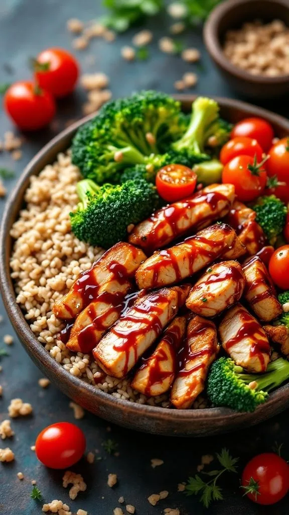 A delicious BBQ Chicken Broccoli Bowl with grilled chicken, broccoli, cherry tomatoes, and grains.
