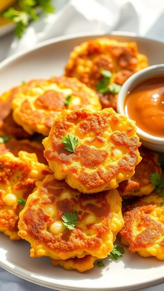 Golden brown crispy corn fritters served with dipping sauce, garnished with herbs.