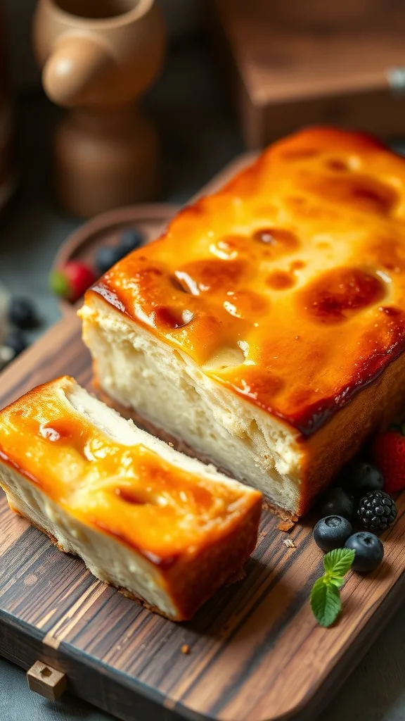 Loaf pan Basque cheesecake with a caramelized top, sliced to show creamy interior, served with berries.