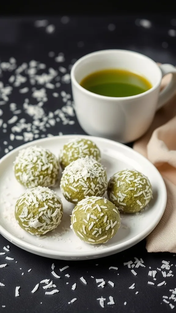 A plate of matcha protein energy bites with shredded coconut on top, next to a cup of green tea.