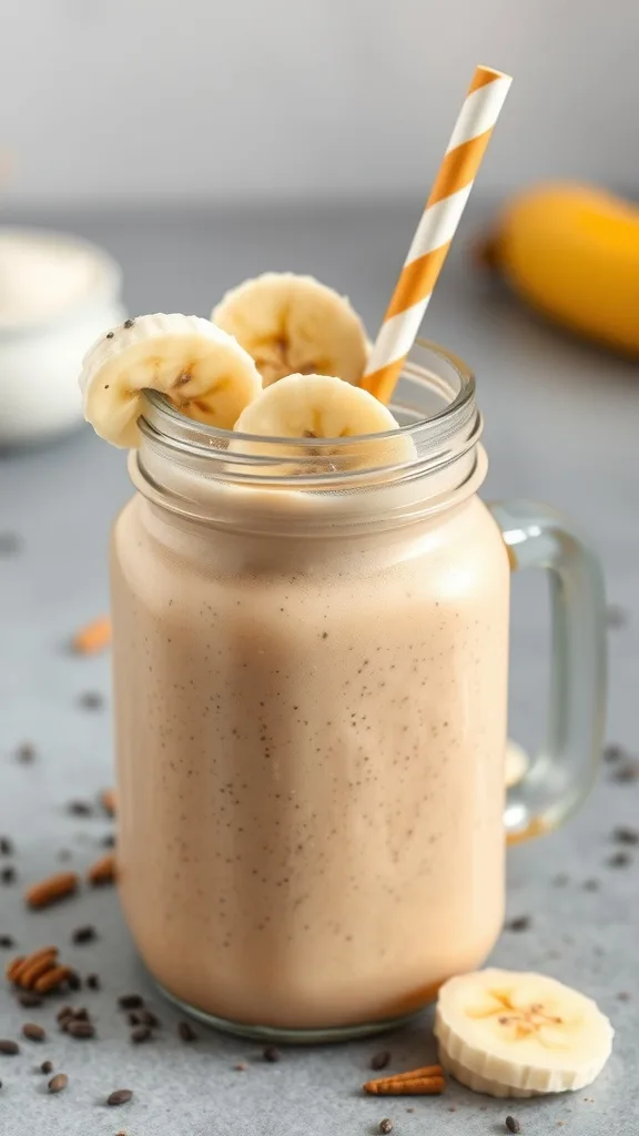 A delicious peanut butter banana protein smoothie in a mason jar with a straw and banana slices on top.