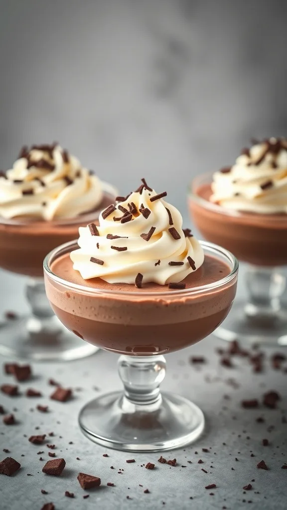 Protein-Packed Chocolate Mousse in glass cups topped with whipped cream and chocolate shavings