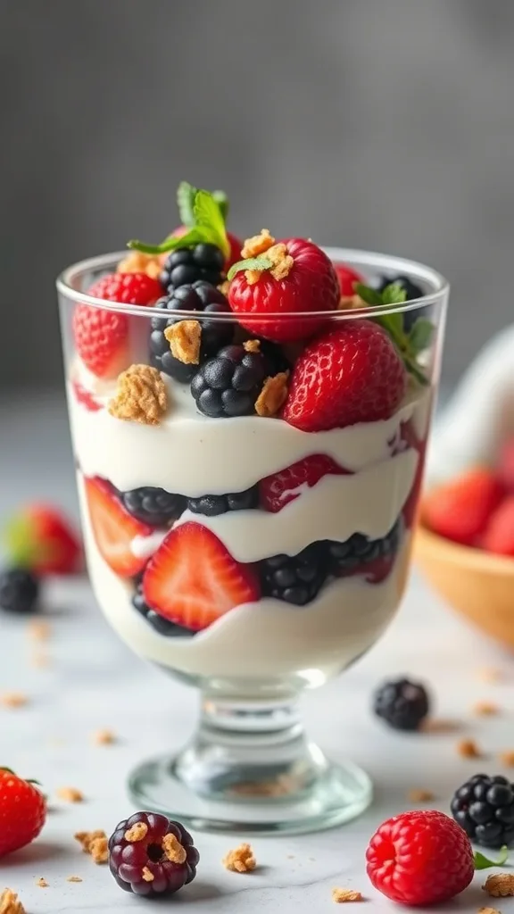 A delicious Vanilla Greek Yogurt Parfait with layers of berries and granola in a glass.