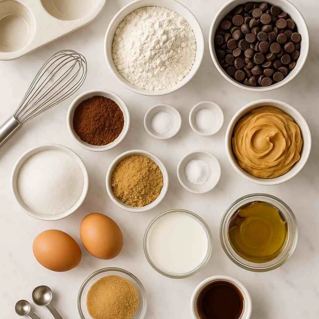 Ingredients of Decadent Chocolate Peanut Butter Muffins