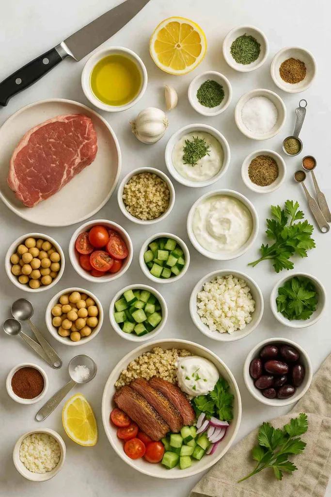Ingredients of Healthy Mediterranean Steak Bowl