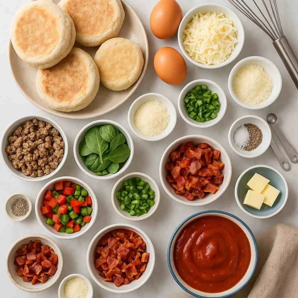 Ingredients of Homemade English Muffin Breakfast Pizza