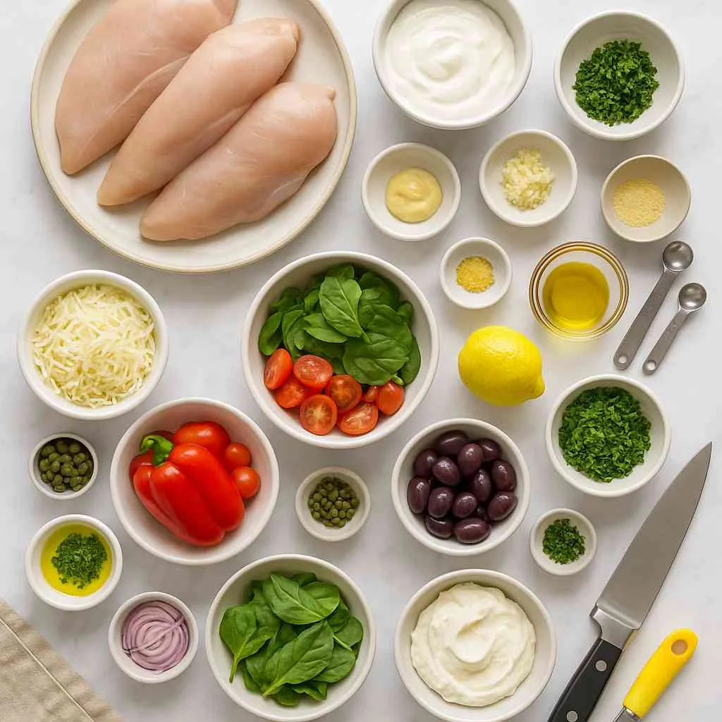 Flat lay of neatly arranged Chicken Olivia ingredients, including chicken breasts, yogurt, fresh vegetables, olives, capers, cheese, and herbs on a marble surface.