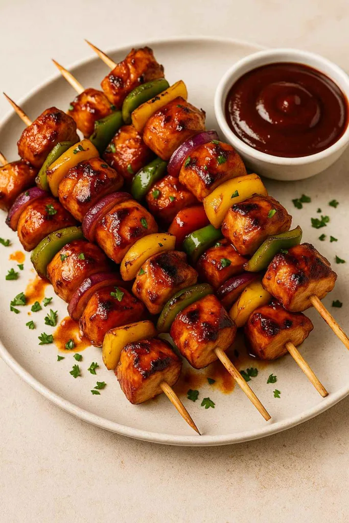 Overview of Grilled BBQ Chicken Skewers With Bell Peppers