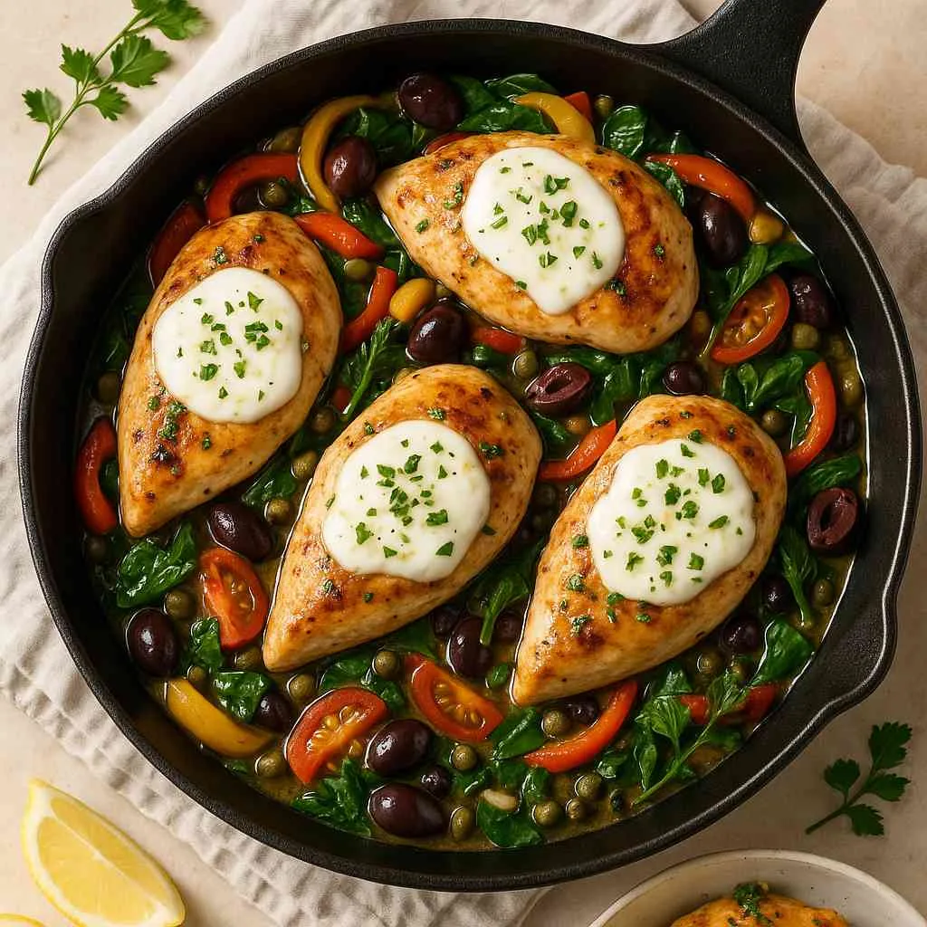 Overhead shot of a skillet with golden-seared Chicken Olivia, creamy yogurt sauce, and a medley of sautéed Mediterranean vegetables, garnished with fresh herbs and lemon wedges.
