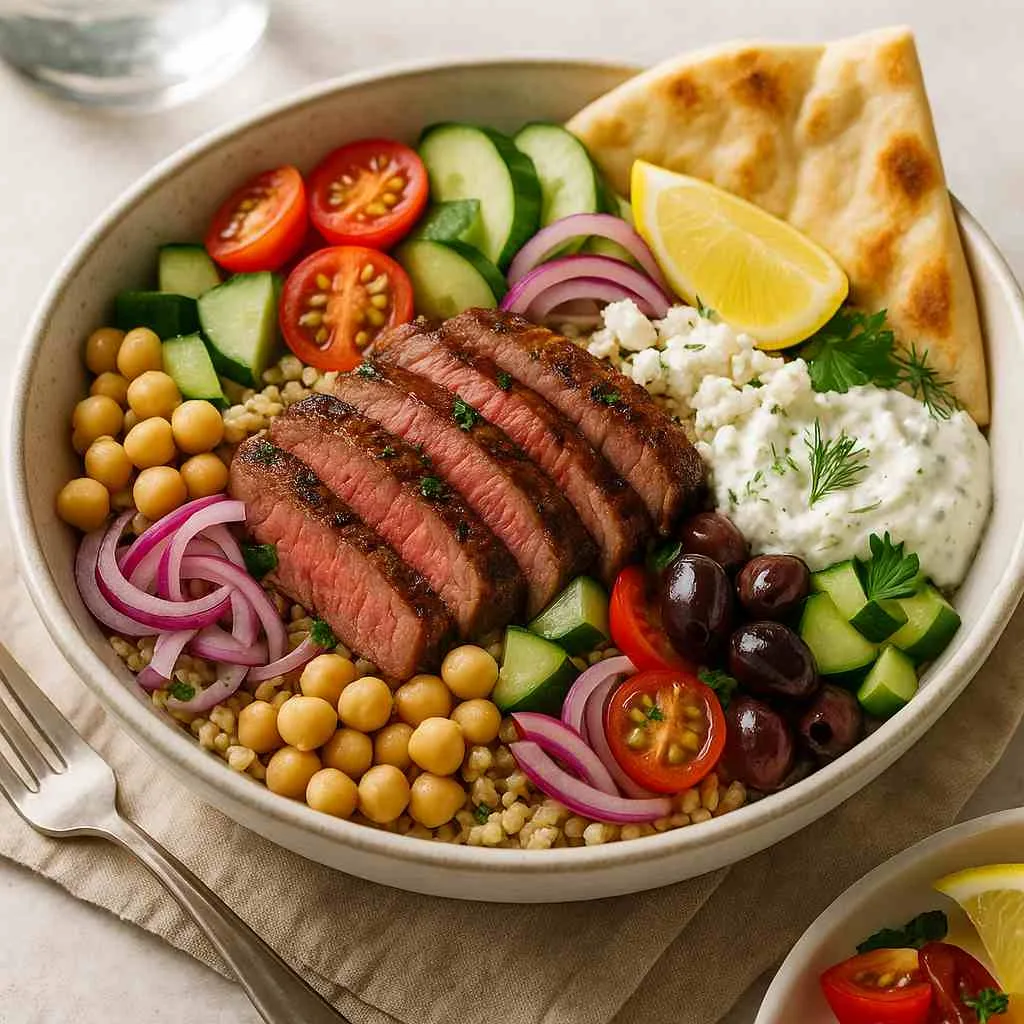 Serving of Healthy Mediterranean Steak Bowl