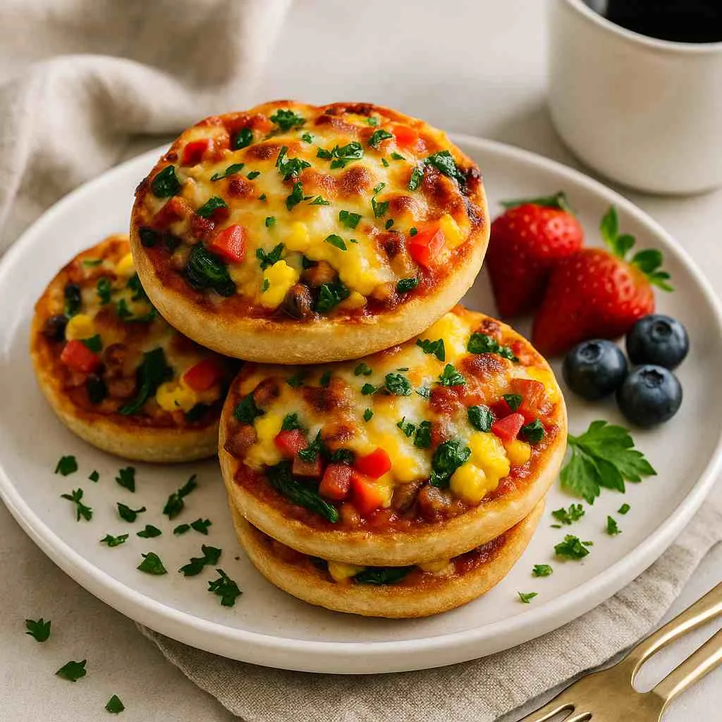 Serving of Homemade English Muffin Breakfast Pizza