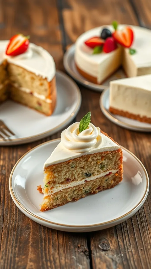 A slice of zucchini cake topped with cream and garnished with a mint leaf, surrounded by other desserts.