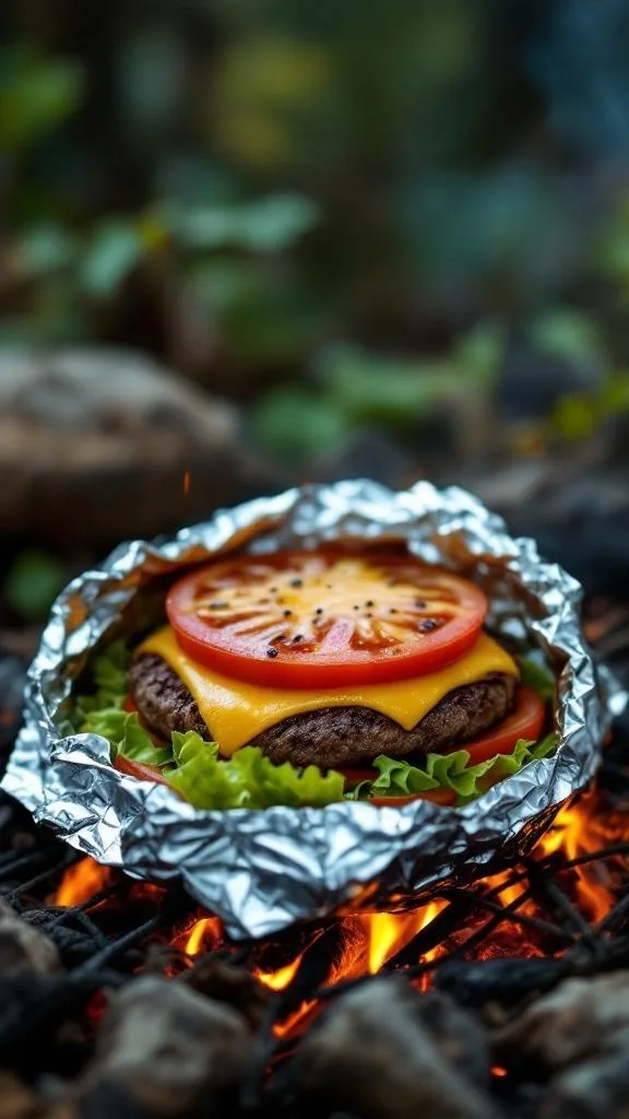 Cheeseburger hobo foil packet with cheese, tomato, and lettuce over a campfire.