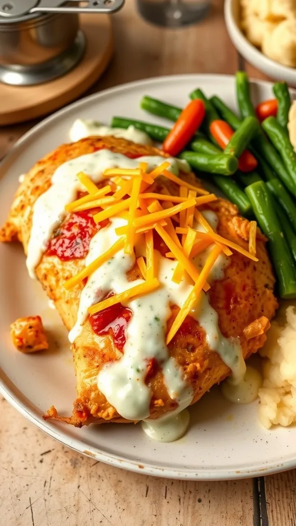 A plate of Creamy Hot Ranch Chicken with ranch sauce and cheese, served with vegetables and mashed potatoes.