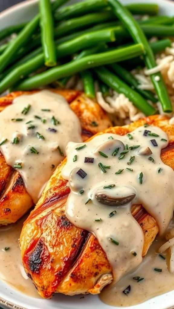 Juicy chicken with garlic mushroom sauce on a plate, accompanied by rice and green beans.