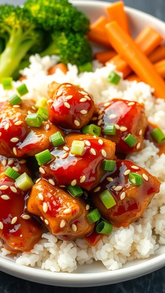 Honey garlic chicken served with rice and broccoli, garnished with green onions and sesame seeds.