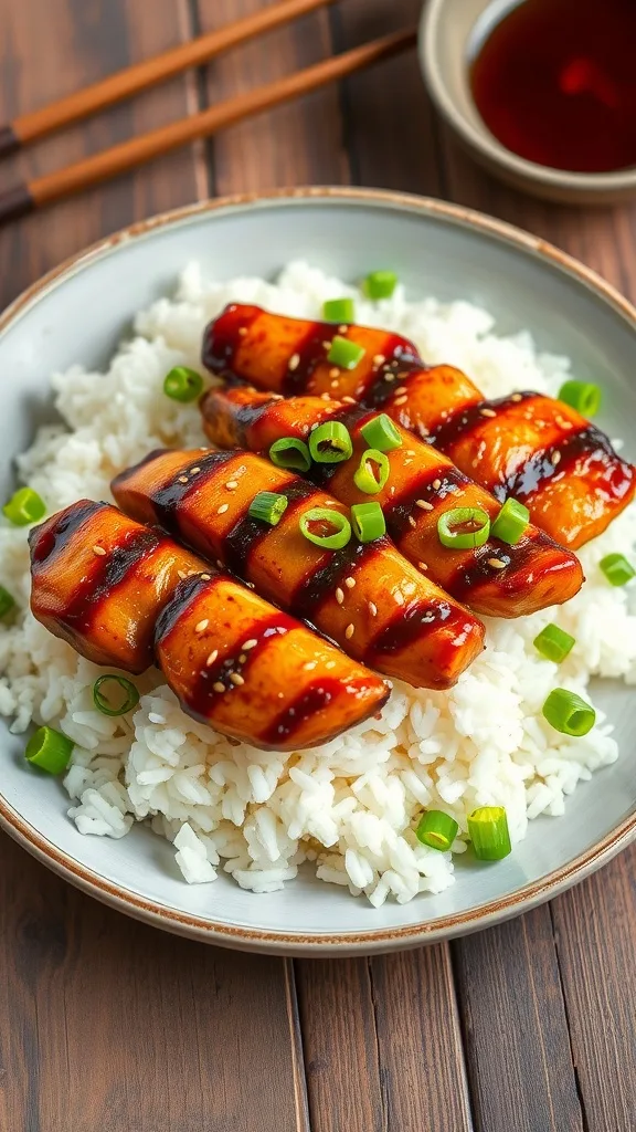 Grilled chicken teriyaki with glaze, garnished with green onions and sesame seeds, served on rice.