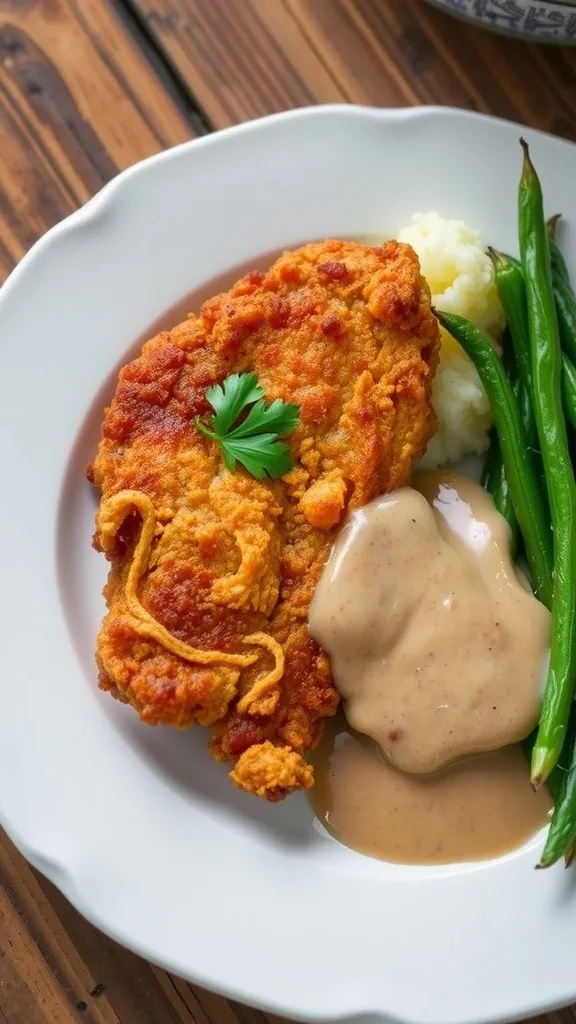 Crispy Chicken Fried Chicken on a plate with gravy, mashed potatoes, and green beans.