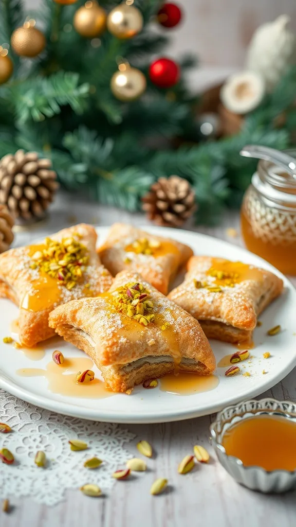 Kataifi and pistachio pastries drizzled with honey and topped with crushed pistachios.